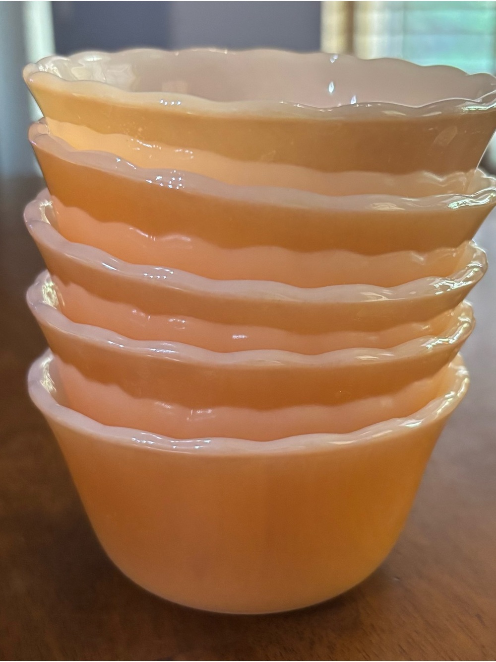 5 Vintage Fire King Peach Luster 3.5”x 2” Bowl Dessert Custard Cups Scalloped